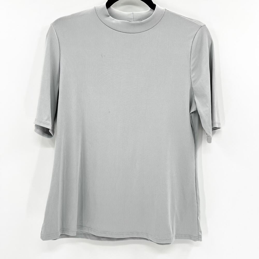 Foundist Women's Gray Mock Neck Short Sleeve Ribbed Knit Top Size XL